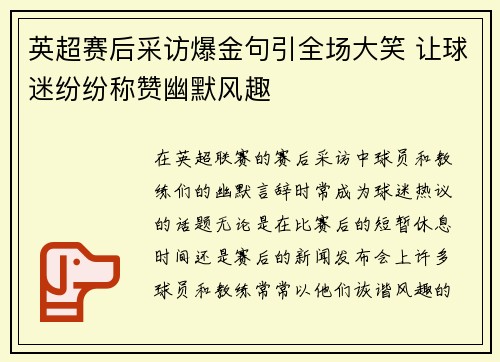 英超赛后采访爆金句引全场大笑 让球迷纷纷称赞幽默风趣