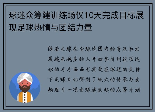 球迷众筹建训练场仅10天完成目标展现足球热情与团结力量