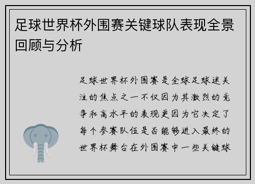 足球世界杯外围赛关键球队表现全景回顾与分析 足球世界杯外围赛关键球队表现全景回顾与分析